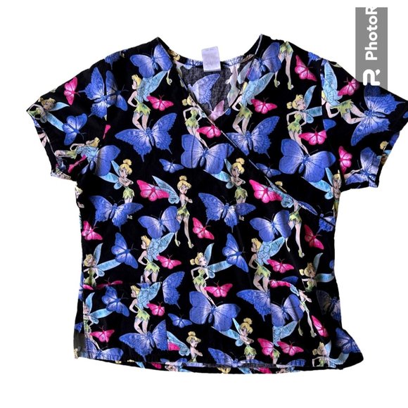 Disney Tinkerbell Scrub Top Medium  Blue Butterflies RN Nurse Vet Tech C… - Picture 2 of 12
